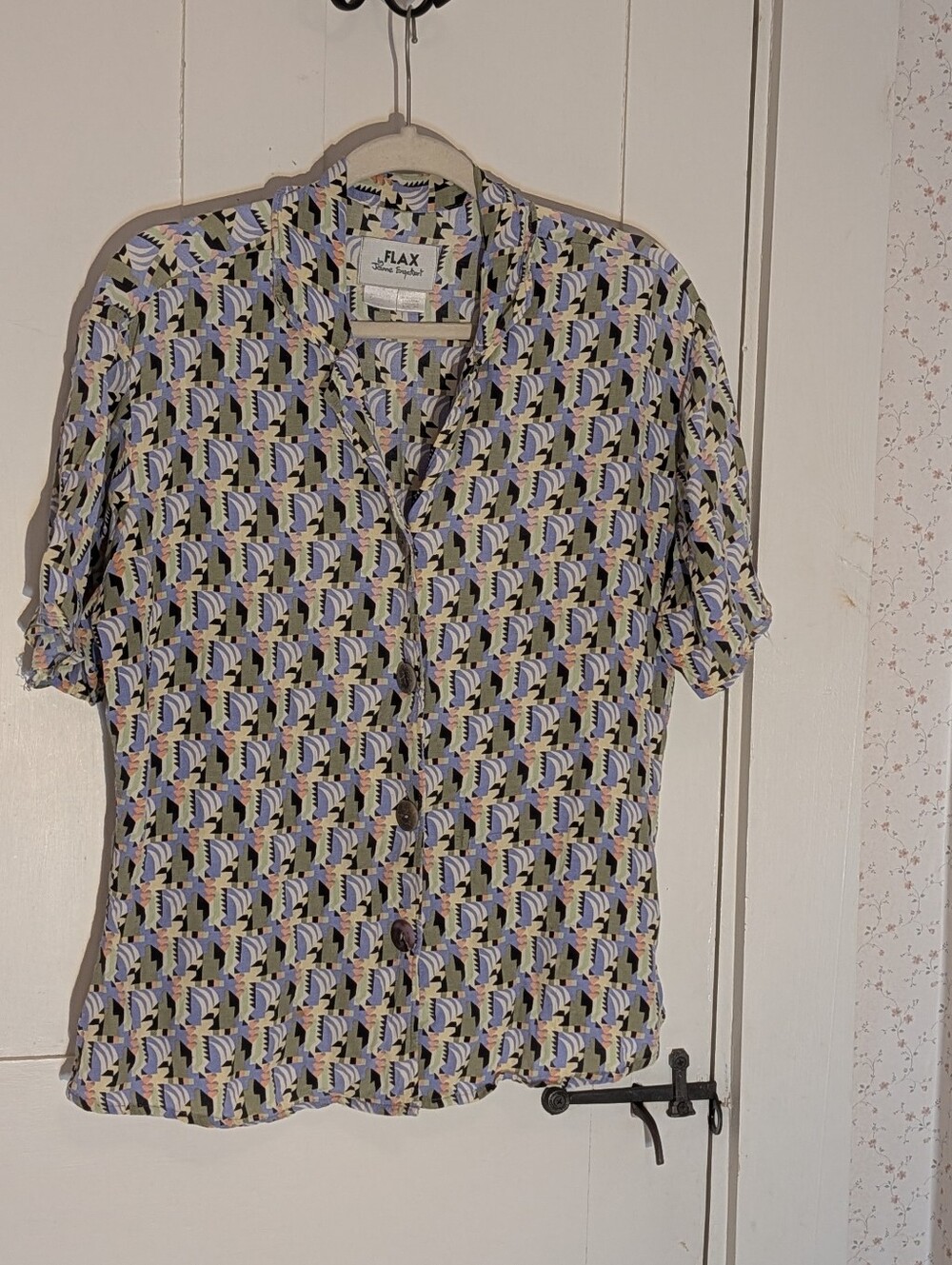 Flax by Jeanne Englehart Shirt Button Black Purple Cream Geometric Print XL VTG